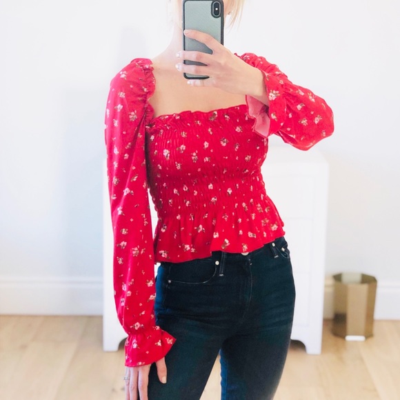Long Sleeve Red Floral Print Ruffle Top - Picture 8 of 9